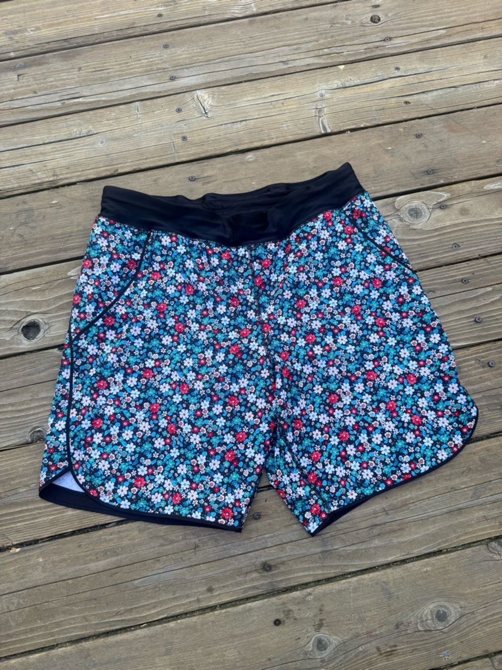 Lands' End Floral One-Piece Swim - Black Waistband with Blue and Pink Flowers
